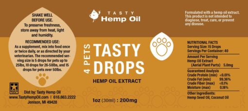 Tasty Drops 4 Pets Hemp Oil Extract 30ml Label